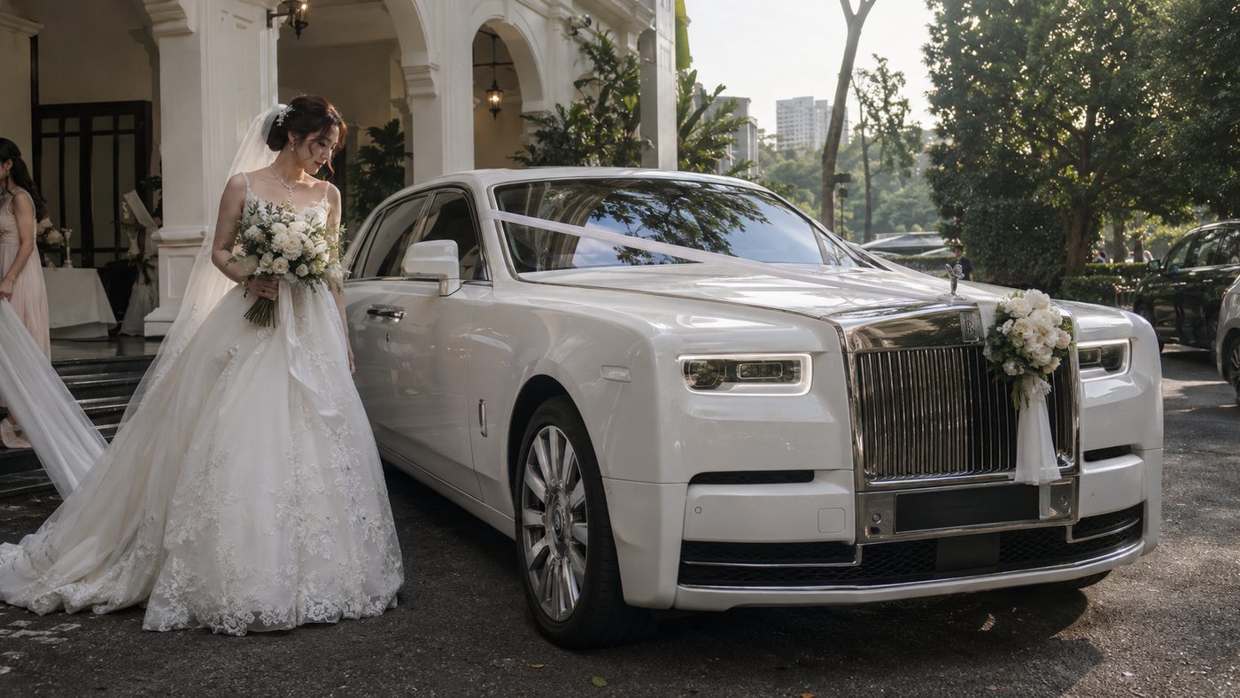 White luxury car decorated for a wedding